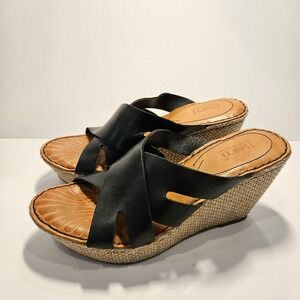 Born Womens Black Leather Crisscross Wedge Sandals Slides Raffia Heel Size 8/39